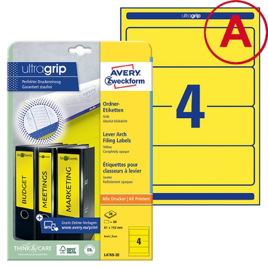 Obrázek Etikety Avery-Zweckform - Na pořadače 61 x 192 mm - žlutá / 20 archů