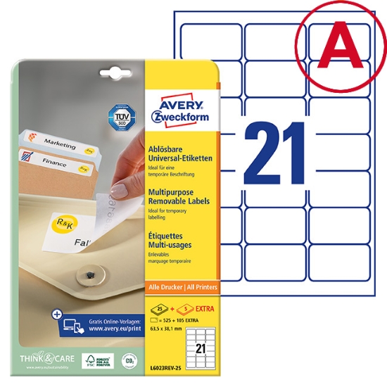 Obrázek Etikety Avery-Zweckform - Odnímatelné 63,5 x 38,1 mm A4 - bílá / 25+5 archů 