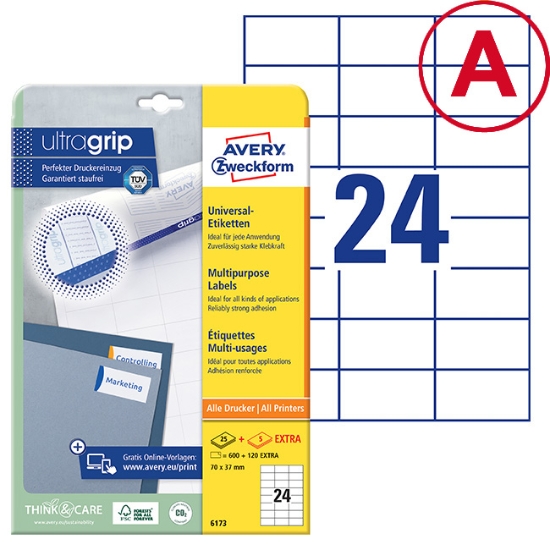 Obrázek Etikety Avery-Zweckform univerzální 70 x 37 mm - bílá A4 / 25+5 archů 
