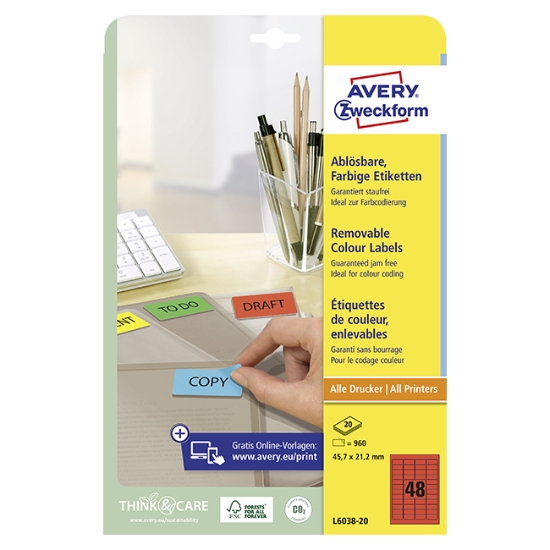 Obrázek Etikety Avery-Zweckform - Odnímatelné 45,7 x 21,2 mm/červená 20xA4