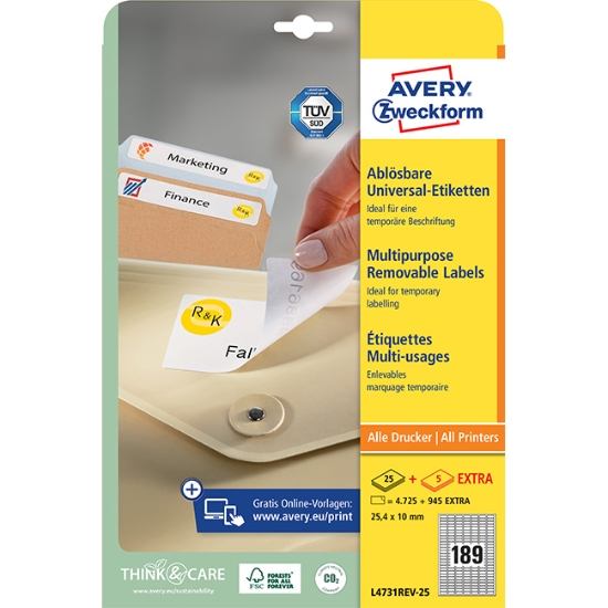Obrázek Etikety Avery-Zweckform - Odnímatelné 25,4 x 10 mm - bílá  A4 / 25+5 archů