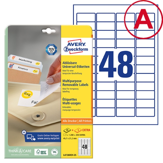Obrázek Etikety Avery-Zweckform - Odnímatelné 45,7 x 21,2 mm - bílá A4 / 25+5 archů 