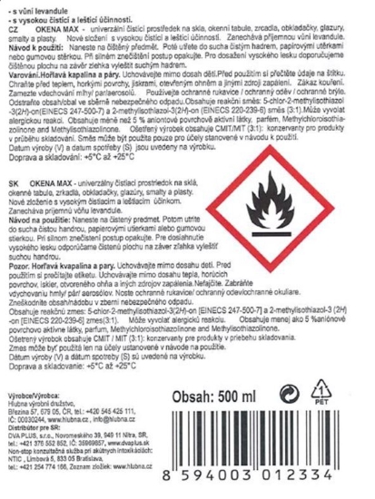 Obrázek Prostředek na skla Okena MAX s MR, 500ml, levandule,rozprašovač