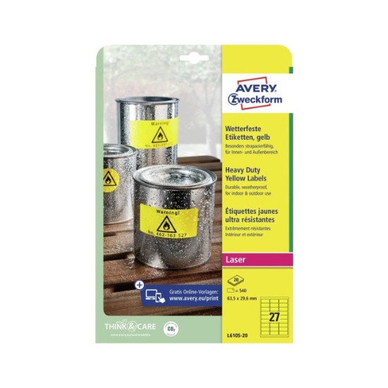 Obrázek Etikety Avery-Zweckform - Velmi odolné 63,5 x 29,6 mm - žlutá / 20xA4