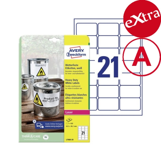 Obrázek Etikety Avery-Zweckfom - Velmi odolné 63,5 x 38,1 mm - bílá / 20xA4
