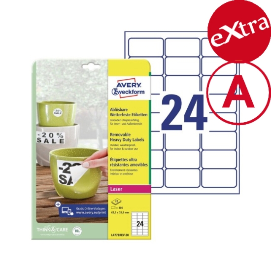 Obrázek Etikety Avery-Zweckform - Odnímatelné 63,5 x 33,9  mm - bílá  A4 / 20xA4